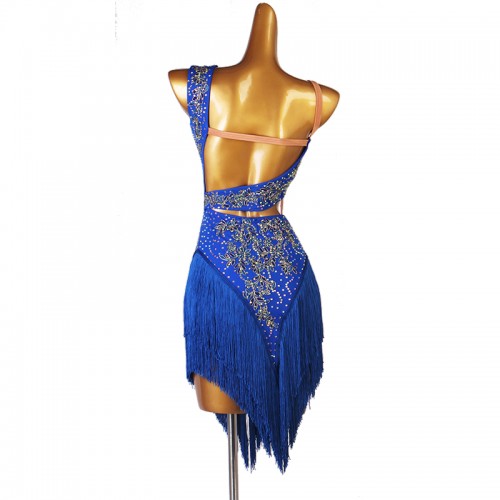 Customized size handmade competition latin dance dresses for women girls royal blue fringe rhinestones salsa rumba chacha latin dance costumes